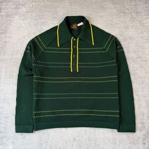 Capri Knit Sweater Mens Medium Green Polo Striped Vintage 70s Textured